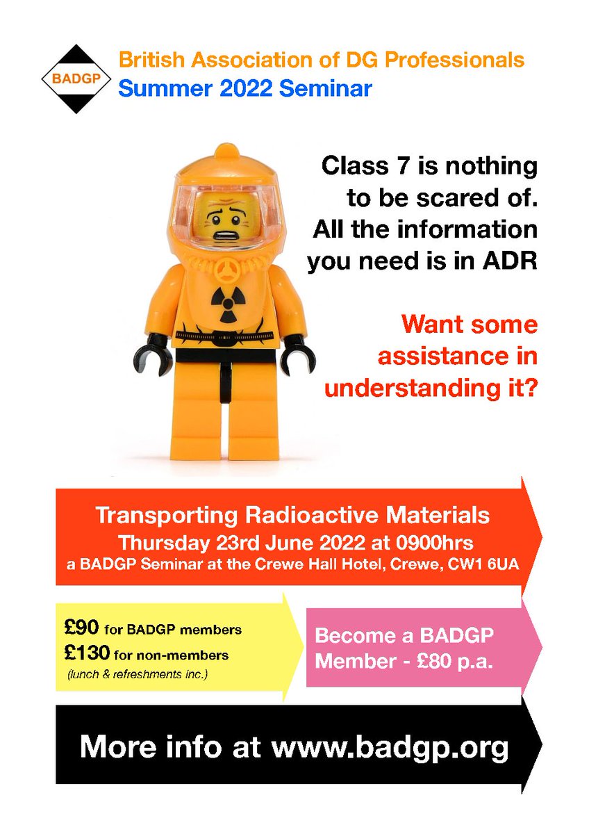badgp_dgsa's tweet photo. BADGP Seminar: Transport of Radioactive Materials and Class 7
Thursday 23rd June 2022, Crewe Hall Hotel, Crewe.
For more information and to register please visit: https://t.co/qHklPLWcPP
#badgp #dangerousgoods #class7 #radioactivematerials https://t.co/c0Zo6ZgSzH