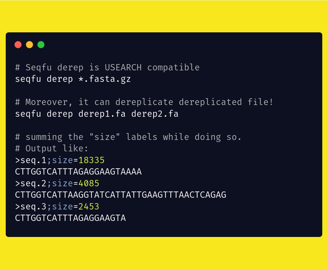 SeqFu2's tweet photo. #SeqFu derep is a USEARCH compatible dereplication tool, which can also dereplicate dereplicated files, summing the "size" labels, and supporting GZipped input
📘Docs https://t.co/QPgkKnm01C
#Bioinformatics #EasyTip #metabarcoding https://t.co/yBoK3vxLQK