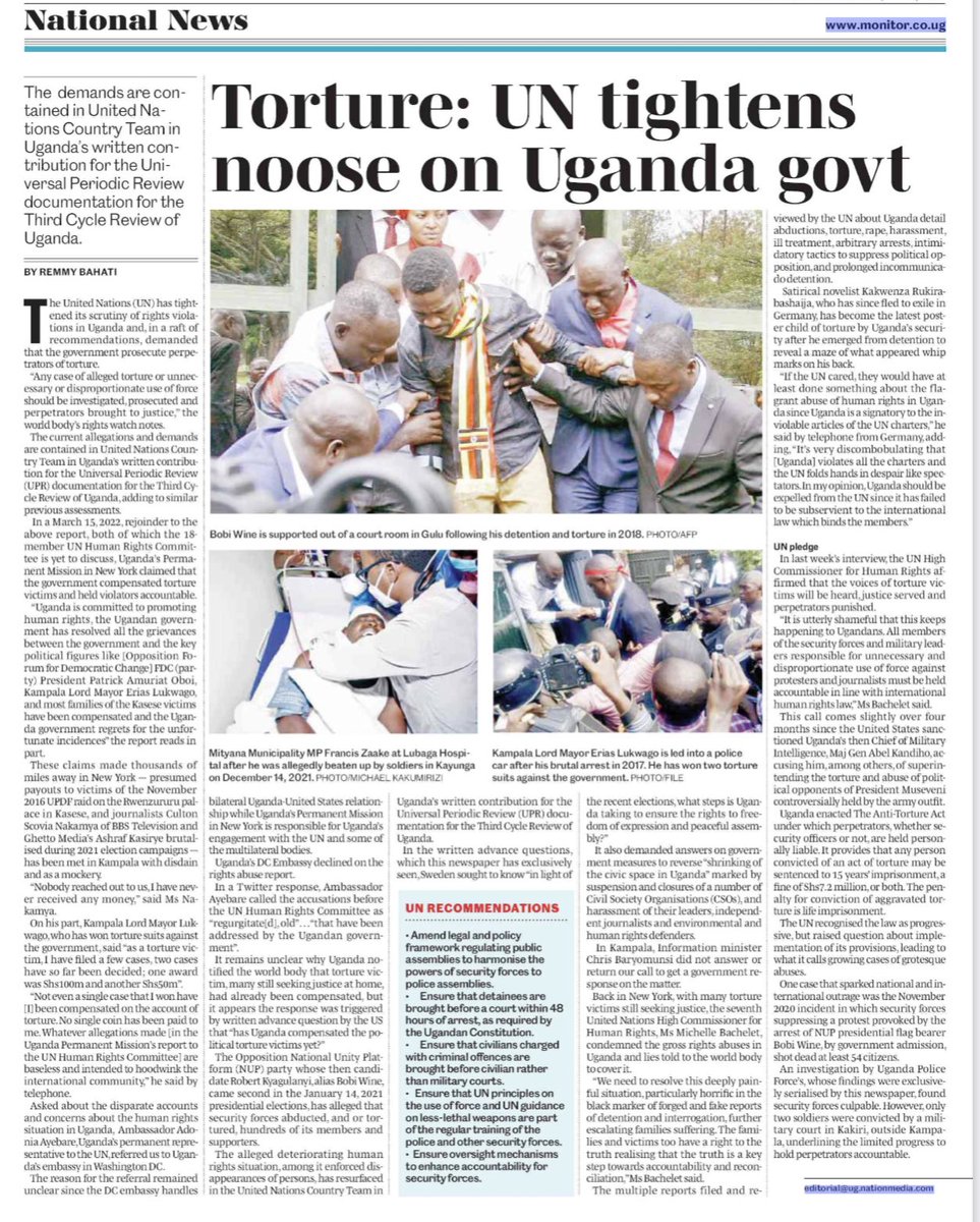 BahatiRemmy's tweet photo. As promised, today in the @DailyMonitor I tell a story of how Uganda’s rights abuses are covered up at the @UN a story that H.E Adonia Ayebare didn’t want me to publish &amp; later blocked me for it

Govt says all torture victims have been compensated &amp; violators held accountable. https://t.co/OOauvO6638