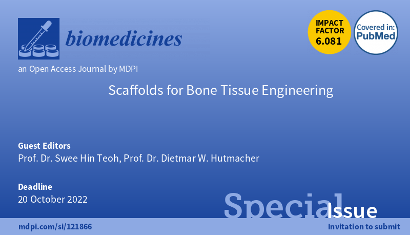 ZouArya's tweet photo. Special Issue "#Scaffolds for #Bone Tissue Engineering" edited by Prof. Dr. Teoh and Prof. Dr. Hutmacher is now open for submission. The deadline is 20 October 2022.  https://t.co/Xl23Apw39A
@Biomed_MDPI https://t.co/S09skIzsYe