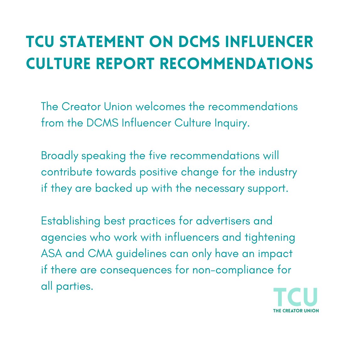 thecreatorunion's tweet photo. Our statement following the summary report and recommendations from @CommonsDCMS #InfluencersInquiry alt text on first two images https://t.co/BwIPsc1YaM