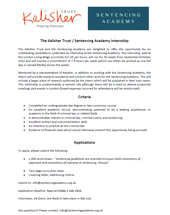 Sentencing Academy (@sentencingacad) on Twitter photo We are delighted to open applications for our 2022/23 <a href="/KalisherTrust/">Kalisher Trust</a> intern.
A remote and flexible paid 30 week internship with us for an aspiring criminal barrister, starting this autumn. Apply by 1 July.
Full details: sentencingacademy.org.uk/2022/05/the-ka…
Please share! We are delighted to open applications for our 2022/23 <a href="/KalisherTrust/">Kalisher Trust</a> intern.
A remote and flexible paid 30 week internship with us for an aspiring criminal barrister, starting this autumn. Apply by 1 July.
Full details: sentencingacademy.org.uk/2022/05/the-ka…
Please share!