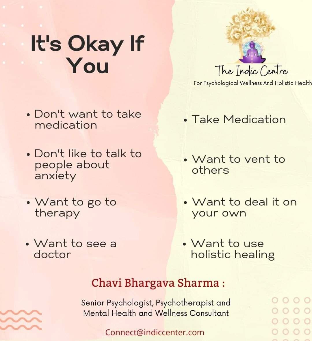 TheIndicCenter's tweet photo. - Don't want to take medication
- Don't like to talk to people about anxiety
- Want to go to therapy
- Want to see a doctor
- Take Medication
- Want to vent to others
- Want to deal it on your own
- Want to use holistic healing

#IndicCenter #converstationist  #talkingcures https://t.co/63mFQ5RIYn