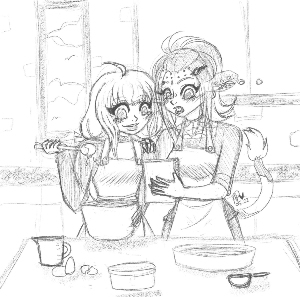 ThymeTuber's tweet photo. @itybityspicygal made a prompt in our last GP game of us baking together, and I have wanted to draw it properly ever since. Soooo! Here you go, Sweetie! A proper sketch of us being cute together!
#doodlethyme #sweetspectacle #envtuber #sketch #vtuber https://t.co/UUeIDAz2zG