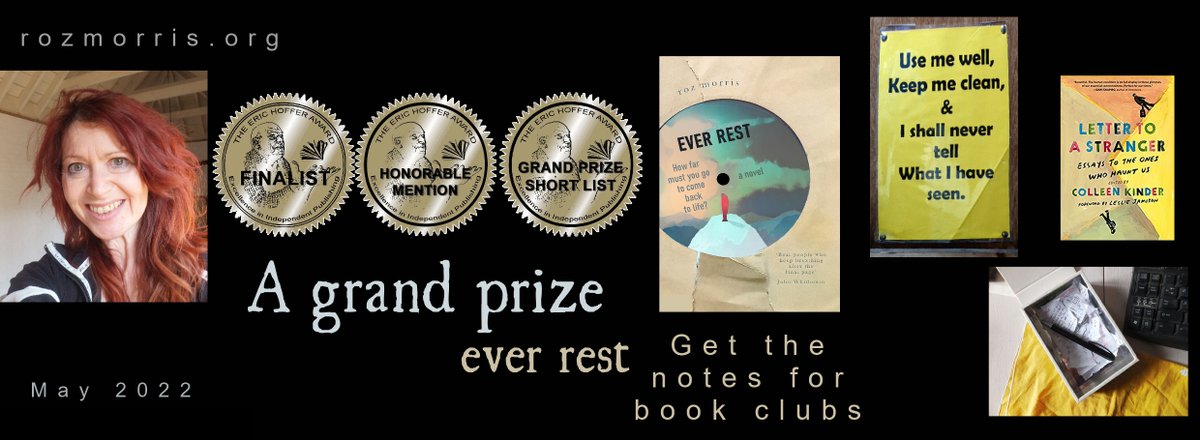 Roz_Morris's tweet photo. A grand prize for Ever Rest, a kit for book clubs, a book of strangers from @colleenkinder , a little horse #HofferAward #everrest #booklove - https://t.co/HHQxZSauU1 https://t.co/YzgYdptLmJ