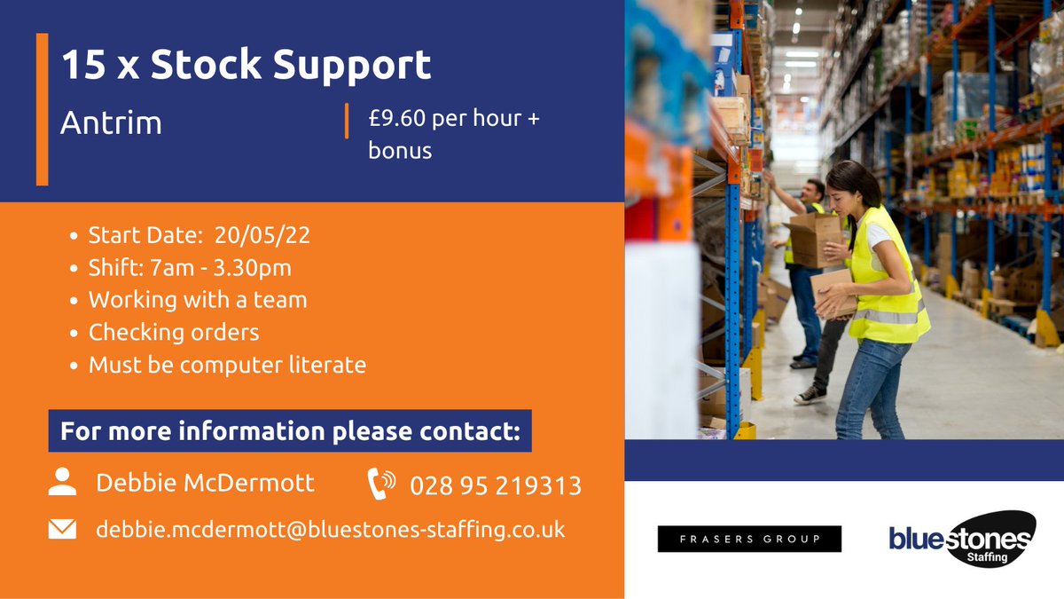 StaffingNI's tweet photo. Looking for a new role? 

We're recruiting 15 Stock Support roles in Antrim. 

Contact our office today on 02895219313 to find out more. 

#NIJobs #LookingForWork https://t.co/VDCJqDzyzw
