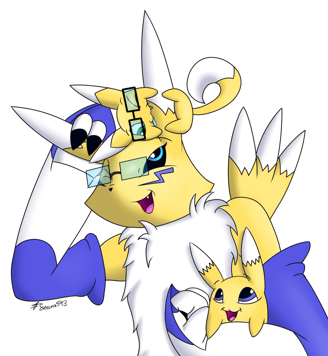 Snecma593's tweet photo. Just something quick and dirty for Mother's Day before it's too late!  A little throwback to the sisters' #viximon days!  Both Snecma and Delta give plenty of love in their own ways to mama Mystère!

#renamon #digimon https://t.co/CPJfCjZQTy