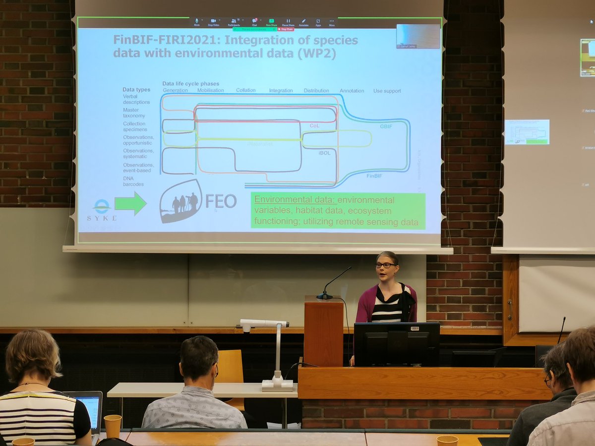 PMSirkia's tweet photo. Project manager Veera Norros presenting #FinBIF #FIRI2021 project in the kick-off meeting: one of the tasks is to enhace integration of species data with environmental data. Together @FEO_fi @SYKEinfo @luomus @lajitieto +many others https://t.co/chOOj1Ego1