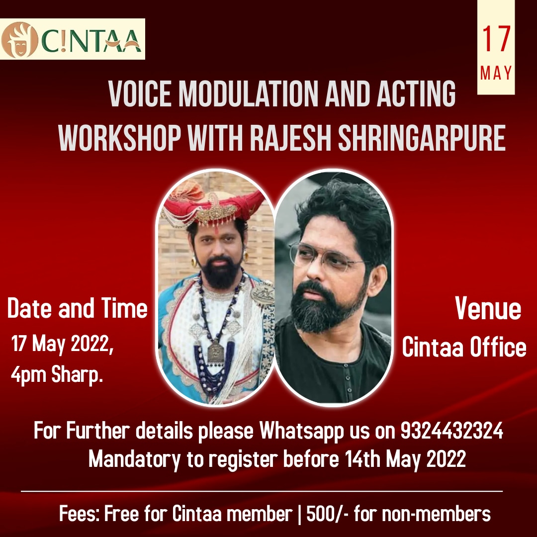 CintaaOfficial's tweet image. Voice Modulation and Acting workshop with Rajesh Shringarpure... Come join us...

Register before the seats get full

Last date to Register 14th May

Date : 17th May 2022
Time: 4 pm Sharp 

Venue : Cintaa Office

#Cintaa #Workshop #Voicemodulation #Acting #RajeshShringarpure