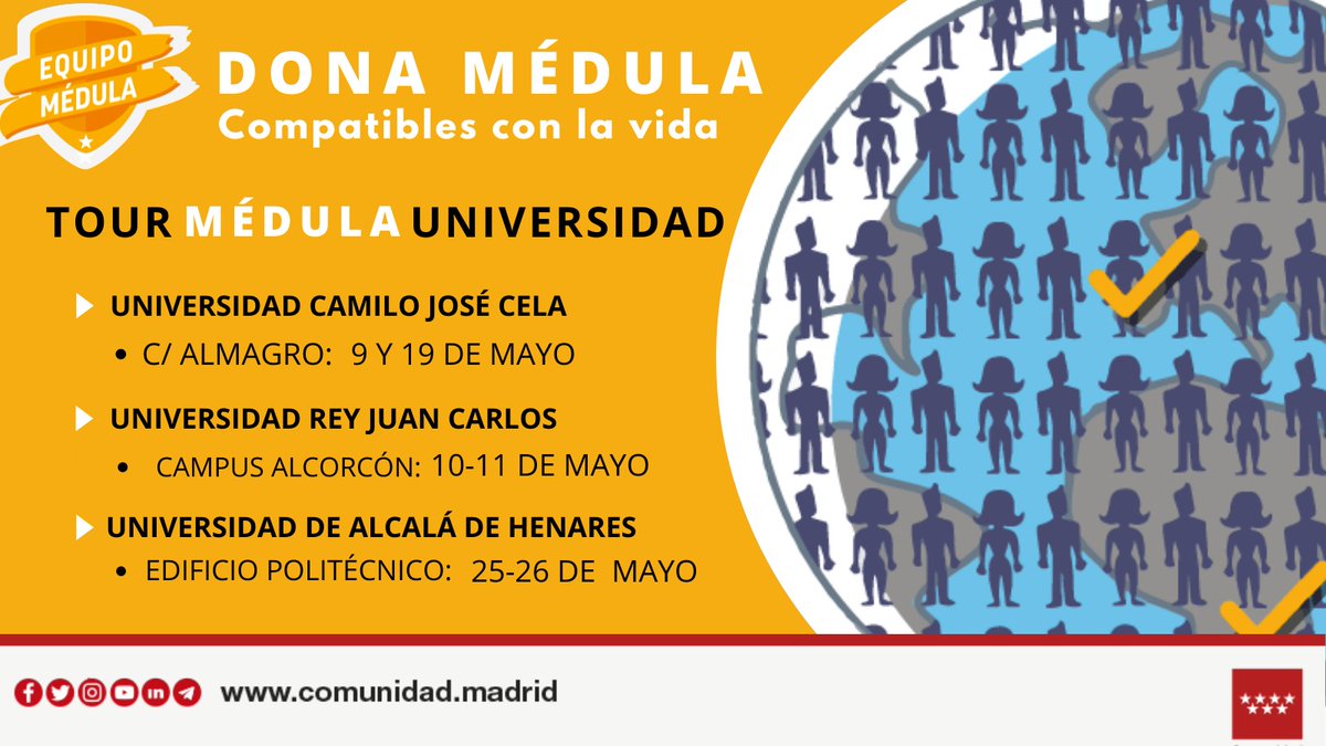 EquipoMedula's tweet photo. 🚚 El mes de mayo te esperamos con el Tour #EquipoMedula en:

🟠 9 y 19 en @universidadcjc - Campus de Almagro.
🟠 10 y 11 en  @urjc - Campus Alcorcón.
🟠 25 y 26 en @UAHes - @eps_uah.

💪 Conoce en qué consiste la donación de #médula ósea: https://t.co/NvkhJg3tUr https://t.co/Dthz3FKOs9