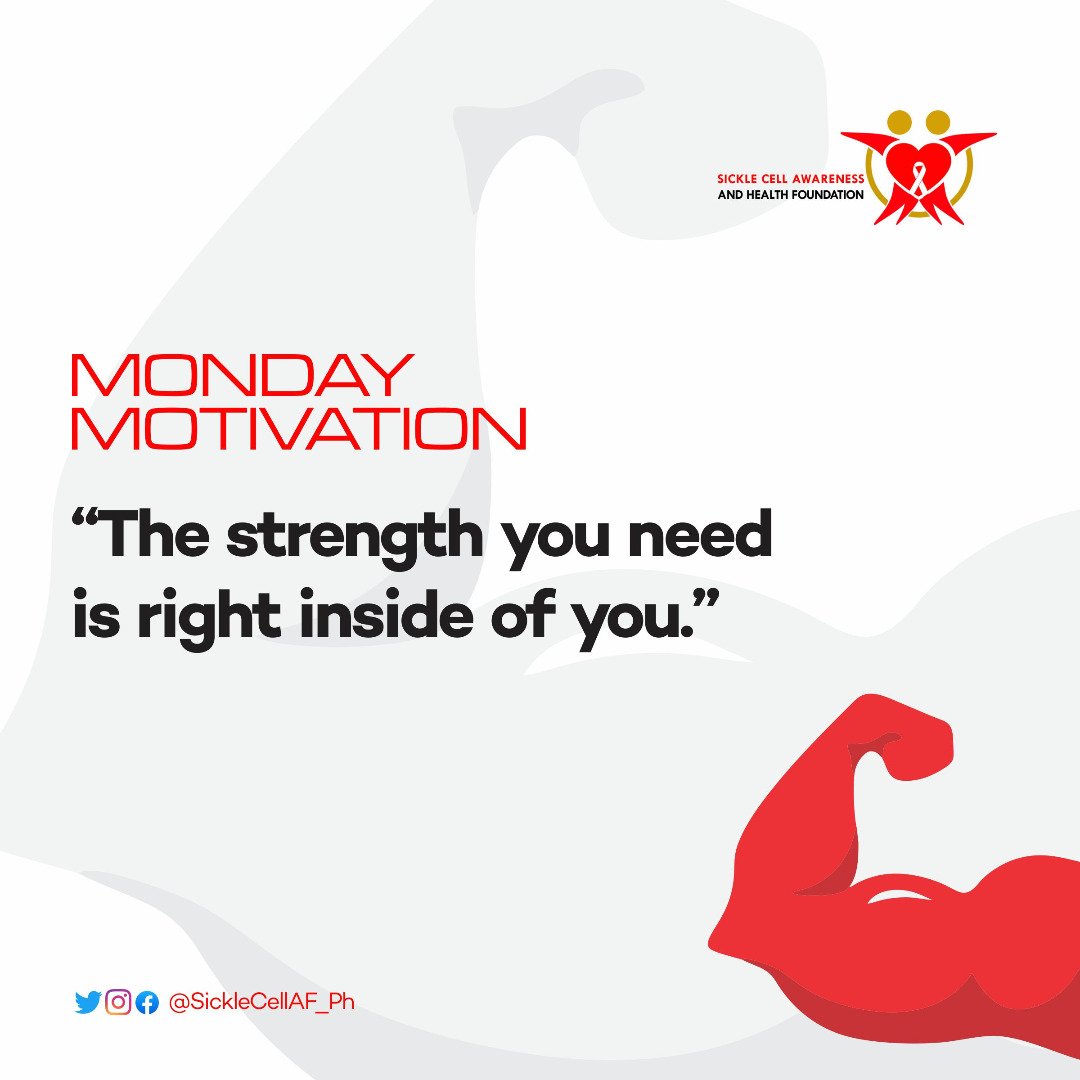 SickleCellAF_Ph's tweet photo. 𝐌𝐎𝐍𝐃𝐀𝐘 𝐌𝐎𝐓𝐈𝐕𝐀𝐓𝐈𝐎𝐍

Oftentimes we look up to people for motivations, we look up to them for encouragement, while it is okay to do so, it is worthy of note that, we are our greatest strength.

#SCAHF
#ScahfFamily
#MondayMotivation https://t.co/Scsi4k09eS