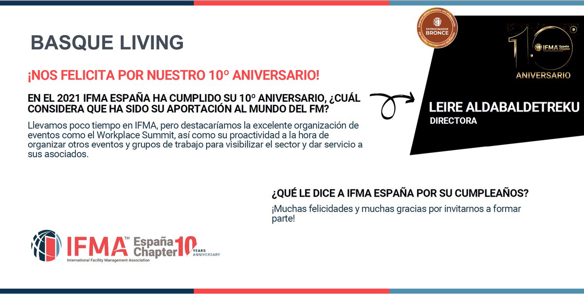 IFMA_spain's tweet photo. 𝗡𝗼𝘀 𝗳𝗲𝗹𝗶𝗰𝗶𝘁𝗮𝗻 𝗽𝗼𝗿 𝗻𝘂𝗲𝘀𝘁𝗿𝗼 𝟭𝟬º𝗔𝗻𝗶𝘃𝗲𝗿𝘀𝗮𝗿𝗶𝗼!
🎂Muchas gracias a Leire de #BasqueLiving @ClusterHabic, #patrocinadora bronce, por las palabras que nos dedica en nuestro🔟aniversario🥰Un lujo contar con ellos en la asociación.
#IfmaEspañaCumple10años https://t.co/drSbLLb9DP