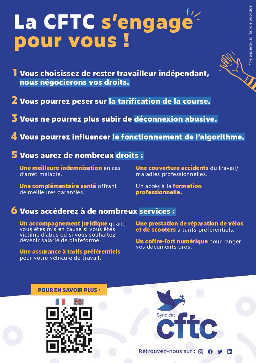 SyndicatCFTC's tweet photo. C'est parti ! L'élections des chauffeurs de #VTC ou bien des livreurs commence aujourd'hui 📆
L’enjeu est d’élire les représentants qui porteront les revendications de ces travailleurs auprès des plateformes ! On compte sur votre mobilisation !
#Deliverro #JustEat #UberEat https://t.co/QN5SltLeOS
