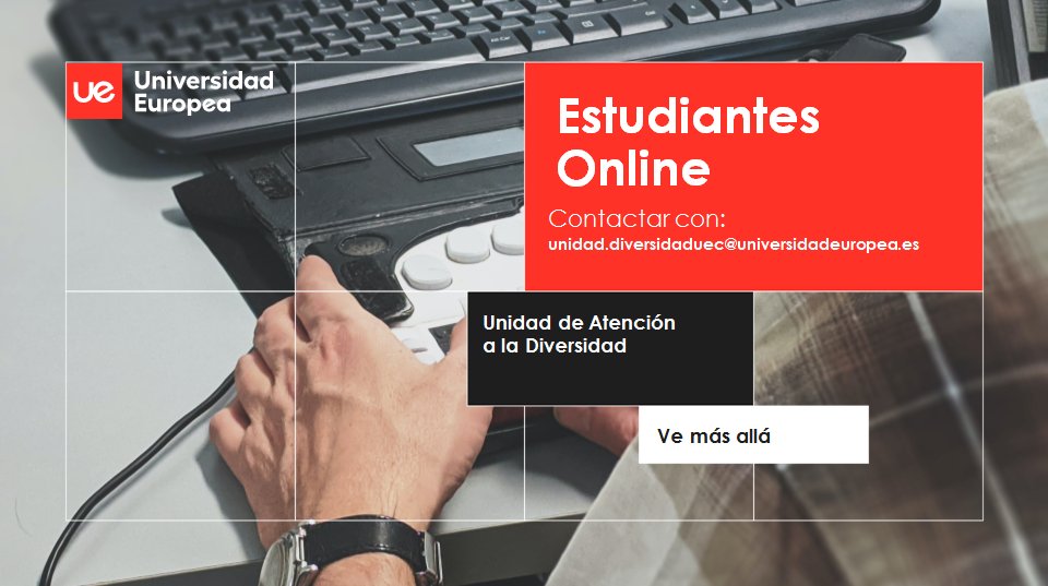 UEuropea's tweet photo. Si eres estudiante online de la @Ueuropea o @UEuropeaOnline y tienes algún tipo de dificultad de aprendizaje/discapacidad/minusvalía, ponte en contacto con nuestra Unidad de Atención a la Diversidad. #DiversidadUE #UAD https://t.co/JMGREwaYiN