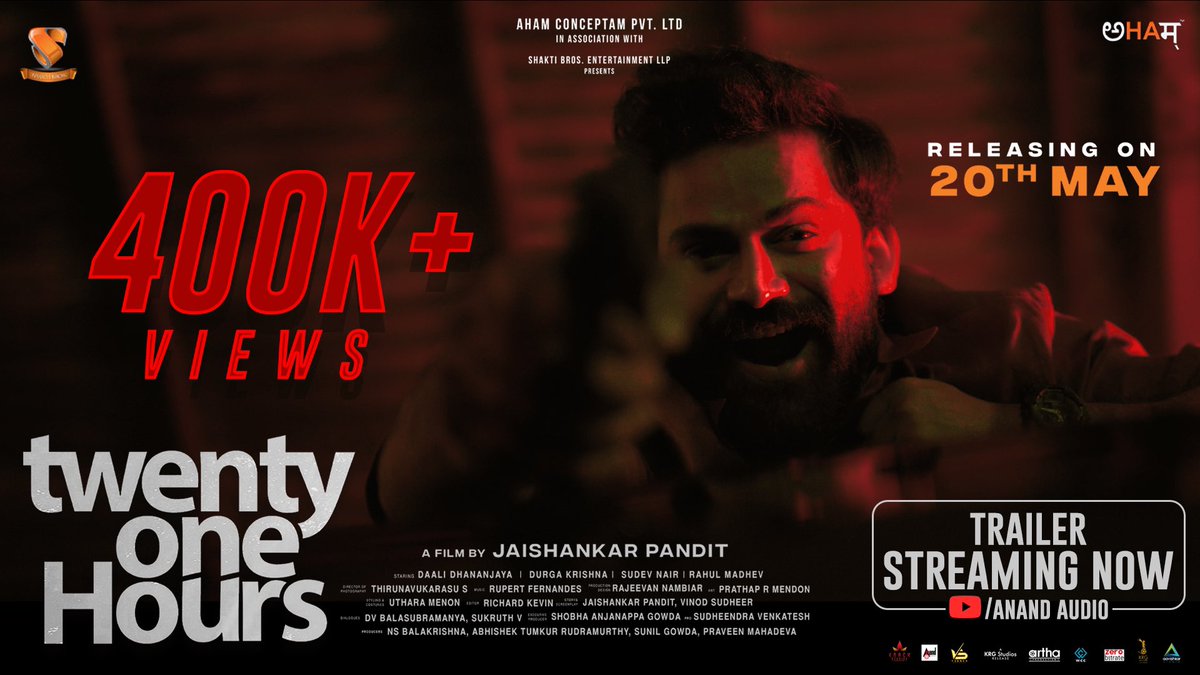 Dhananjayaka's tweet photo. #TwentyOneHoursTrailer 400K+ Views🤩
🔗https://t.co/yOCXPXHRjP
#TwentyOneHours in your nearest theatres from 20th May.
#Durgakrishna @TheSudevNair #RahulMadhav @DOP_Tirru @ARichardkevin @rajeevan69 @ahamconceptam @abhi156 @Sunilrgowda29 @aanandaaudio @KRG_Connects @KRG_Studios https://t.co/cUqFWfMXXU