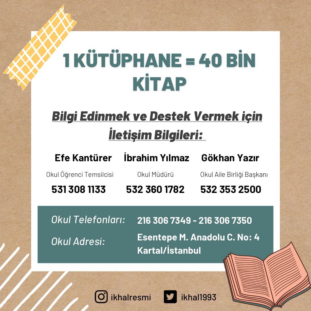 ikhal1993's tweet photo. İKHAL ailesinin kıymetli öğrenci, mezun, veli ve paydaşlarından okul kütüphanemize 2. el ve yeni baskı kitap toplama kampanyamız için desteklerini bekliyoruz📚 https://t.co/jqmcdHRKbu