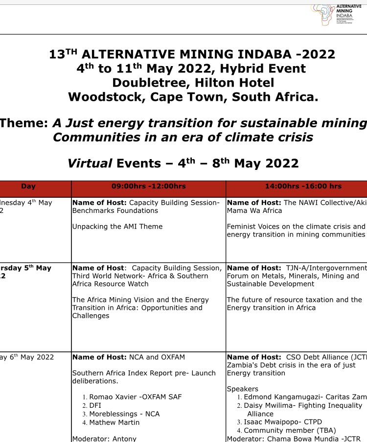 nmutonhori's tweet photo. A just energy transition for sustainable mining host communities in an era if climate crisis... Theme for the 13th #AltMiningIndaba hybrid meeting dedicated to human rights of communities @ZELA_Infor @MinistryMines @ZIMCODD1 @transparencyzim @mansongwanyanya @wlsazim @zccinzim https://t.co/YBwKXpP2rK