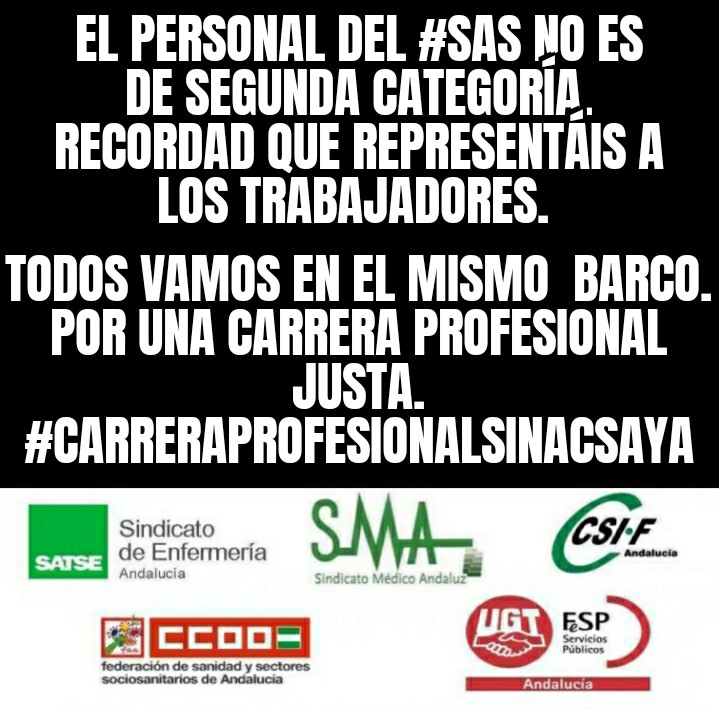 CarreraProfesi1's tweet photo. 12 de Mayo...
Nuevo llamamiento a los Sindicatos de Mesa Sectorial del #Sas.
"El futuro de miles de profesionales está en juego.
No nos falleis"

#CarreraProfesionalSinAcsaYa

@JuanMa_Moreno
@saludand
@SATSE_Andalucia @CSIFAndalucia @Ugt_A_Sanidad @ccooandalucia @smandaluz https://t.co/QPXpSHdEK1