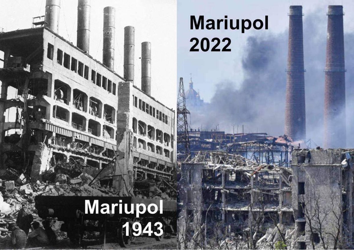 ElenUkraineKR's tweet photo. 9 мая в России празднуют не день победы над войной, а день войны.  На этих фото – то, что делали с украинскими городами фашисты и рашисты.  Параллели очевидны.  «Фашисты будущего будут называть себя антифашистами», – пророческая фраза, сказанная еще в конце Второй Мировой. https://t.co/StklR40oxq