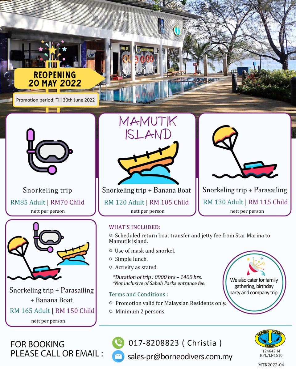Borneo_Divers's tweet photo. Borneo Divers Dive Academy &amp; Leisure Centre | Mamutik 
Enjoy our Reopening promotion from now till 30th June 2022. https://t.co/bzrJcBsoJt