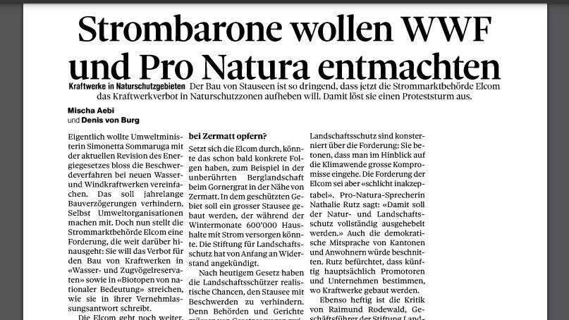 WWF_Schweiz's tweet photo. Die @sonntagszeitung hat gestern geschrieben, dass die #Elcom das Verbot für den Bau von Kraftwerken in #Biotopen von nat. Bed. streichen will. Wir finden: Diese Gebiete sind für den Artenschutz unglaublich wertvoll. Ein Blanko-Check für neue Anlagen, ist ein No-Go.@mischa_aebi https://t.co/0lYSUY5Mwo