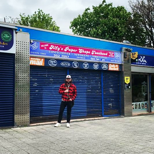 Mr_Mondo's tweet photo. Still Game pilgrimage, with a visit to 'Craiglang': the site of Navid's shop, Jack 'n' Victor's bench and 'Delaney's Department Store' where Shug pressed play on Boaby's *home-made* tape #stillgame #jackandvictor #navidsconveniencestore #isa #craiglang #boaby #townhead #glasgow https://t.co/qEU7yaKRWP