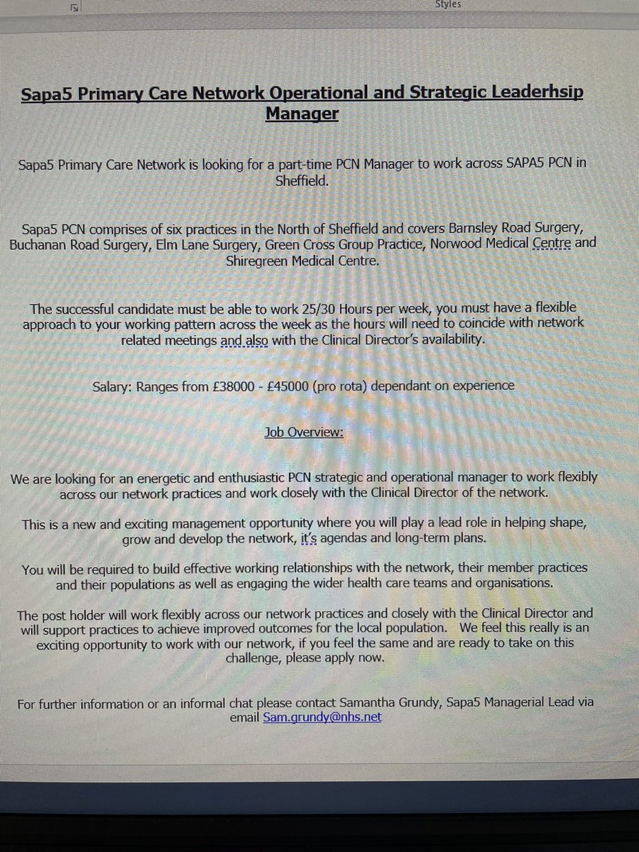 Physiocharlie's tweet photo. *job opportunity* fantastic opportunity to work within the SAPA5 PCN in Sheffield as a operational and strategic leadership manager. So much innovative work happening to provide person centred care, to really make a difference for patients. @chancey127 https://t.co/CXeIVGIhOw