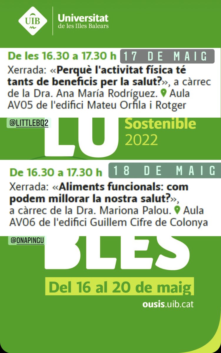 LBNB_NUO's tweet photo. VIII Setmana #Saludable i #Sostenible a la @UIBuniversitat 
Amb les conferències:
«Perquè l'activitat física té tants de beneficis per la salut?», (Dra. Ana Rodríguez) 
«Aliments funcionals: com podem millorar la nostra salut?» (Dra. Mariona Palou) @onapingu 
#salut #Ciencia https://t.co/pG2wLBUDgn