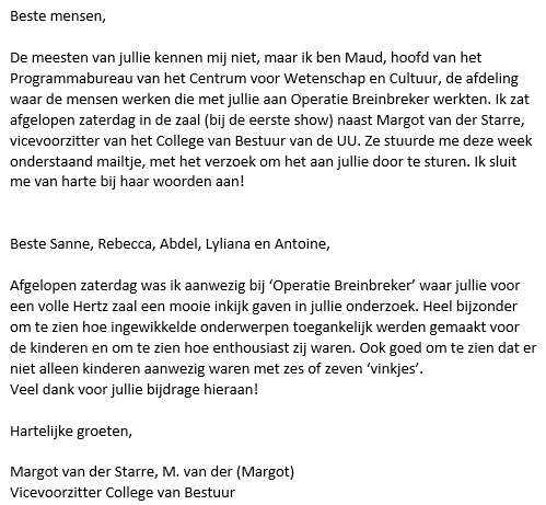 RENordquist's tweet photo. When the @UniUtrecht vice president and the head of the Centre for Science and Culture send you a thank-you for doing #publicengagement work 🙂 #operatiebreinbreker @RecogRewards @paulboselie #recognitionandrewards @dr_a_tomb_a_day @MaudRadstake @UniUtrechtPE https://t.co/a4GYBeOQY9