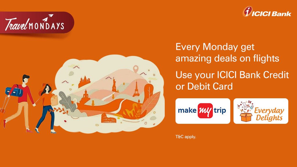 ICICIBank's tweet photo. Make this #Monday count by availing exciting discounts on flight reservations today on MakeMyTrip using your #ICICIBank debit/credit card for transaction.

Know more: https://t.co/tyYMBn7LQg https://t.co/PXT1jAv3gv