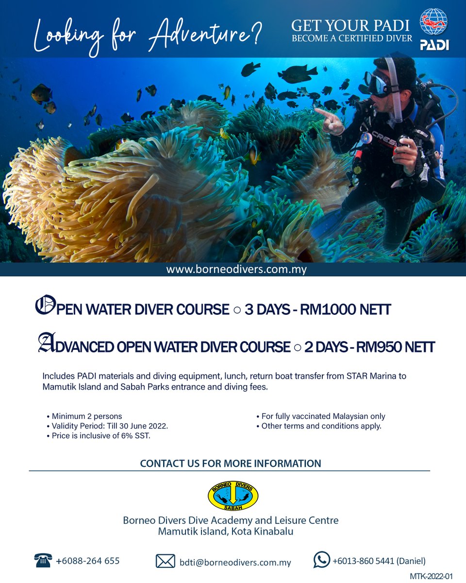 Borneo_Divers's tweet photo. SPECIAL OFFER | Mamutik
Special offer for PADI certification course &amp; Leisure diving package.
Valid until 30 June 2022. https://t.co/6PDo92hSHU