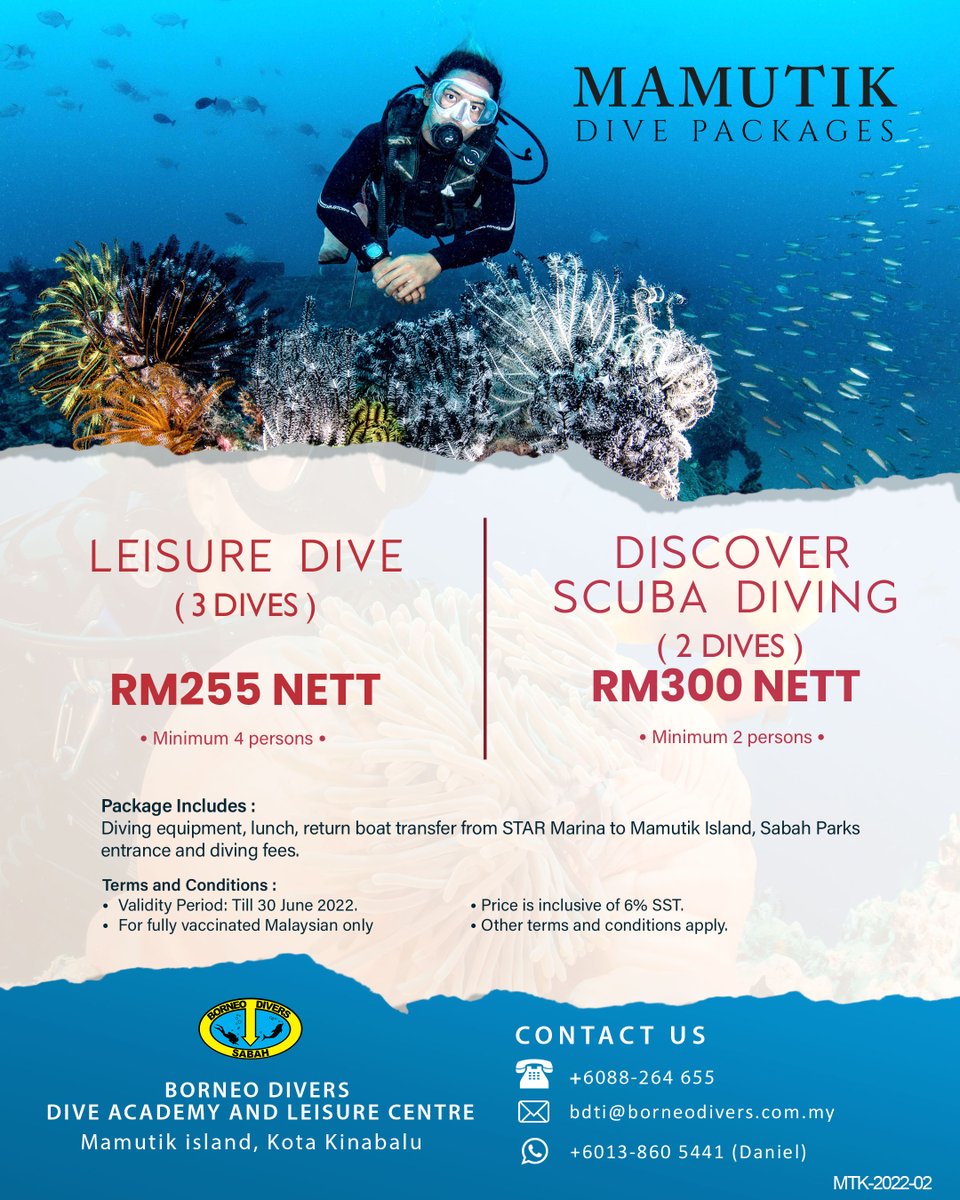 Borneo_Divers's tweet photo. SPECIAL OFFER | Mamutik
Special offer for PADI certification course &amp; Leisure diving package.
Valid until 30 June 2022. https://t.co/6PDo92hSHU