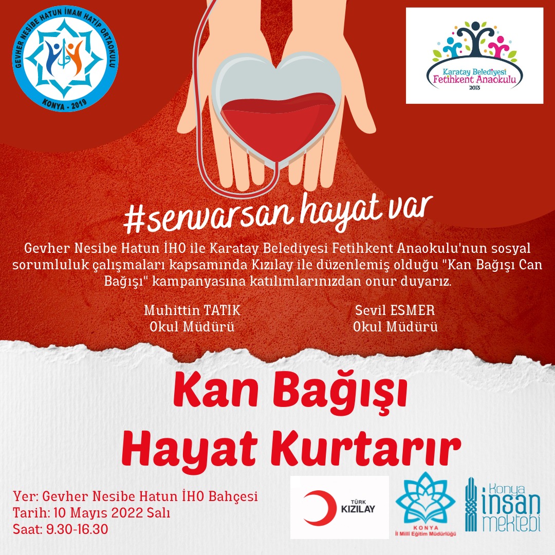 10 Mayıs 2022 Salı günü saat saat 9:30 ile 16:30 saatleri arasında Türk Kızılayı ile düzenlenen kan bağışı kampanyamıza tüm velileri ve kan bağışı yapmak isteyen gönüllülerimizi okulumuza bekleriz. <a href="/Kizilay/">Türk Kızılay</a> <a href="/SagdicSami/">Bekir Sami Sagdic</a> <a href="/SeyitAliBuyuk/">Seyit Ali Büyük</a> #kizilay #kanbağışı