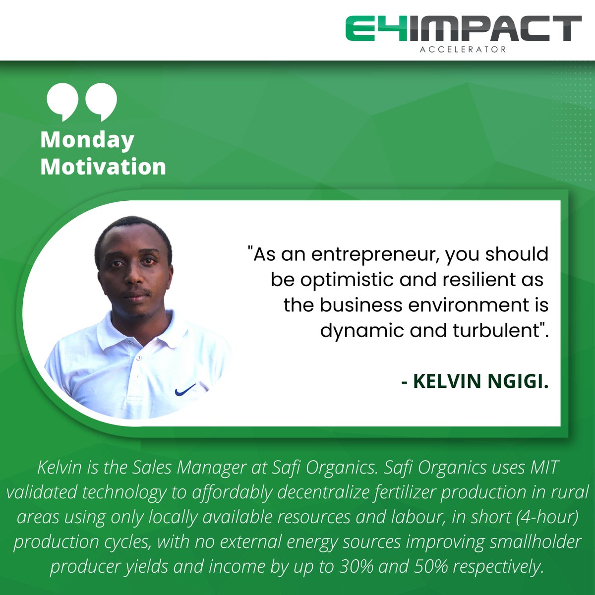 E4ImpactAfrica's tweet photo. #MondayMotivation - This week's motivation is Kelvin Ngigi, the Sales Manager at Safi Organics. 

He's an alumni of O-Farms Program led by @Bopinc and @VilCapInvest

#Circulareconomy #Organicfarming #Agricircularity #Nairobi #Kenya https://t.co/0xlRpDuBGH