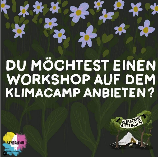 Hättest du Lust etwas zum Programm des Klimacamps beizusteuern?
Sei es eine kleinere Veranstaltung, wie eine Leserunde oder eine größere Aktivität, wie ein langer Workshop - wir freuen uns über kreative Ideen!

Alle Infos hier: klimacampgoettingen.noblogs.org/programm_anbie…