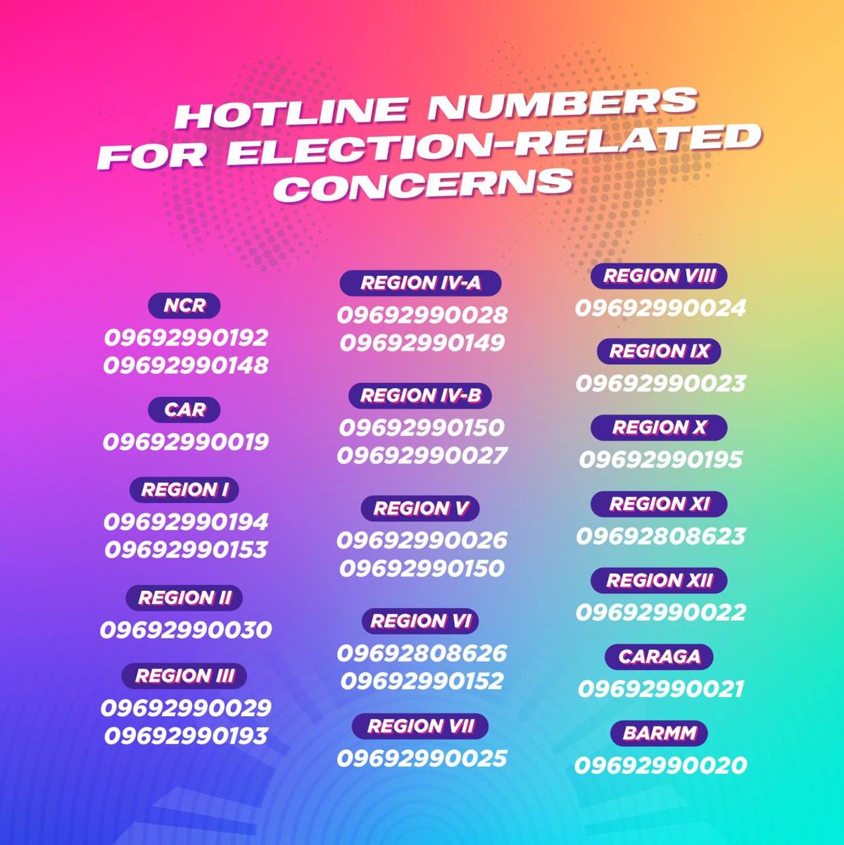 I-report ang mga anomalya!

Narito ang hotline numbers na maaari ninyong i-text o tawagan.

'Wag kalimutang isama ang detalye ng presinto, lugar, at barangay para mas madaling maitala.

#IbotoNa10Pilipinas