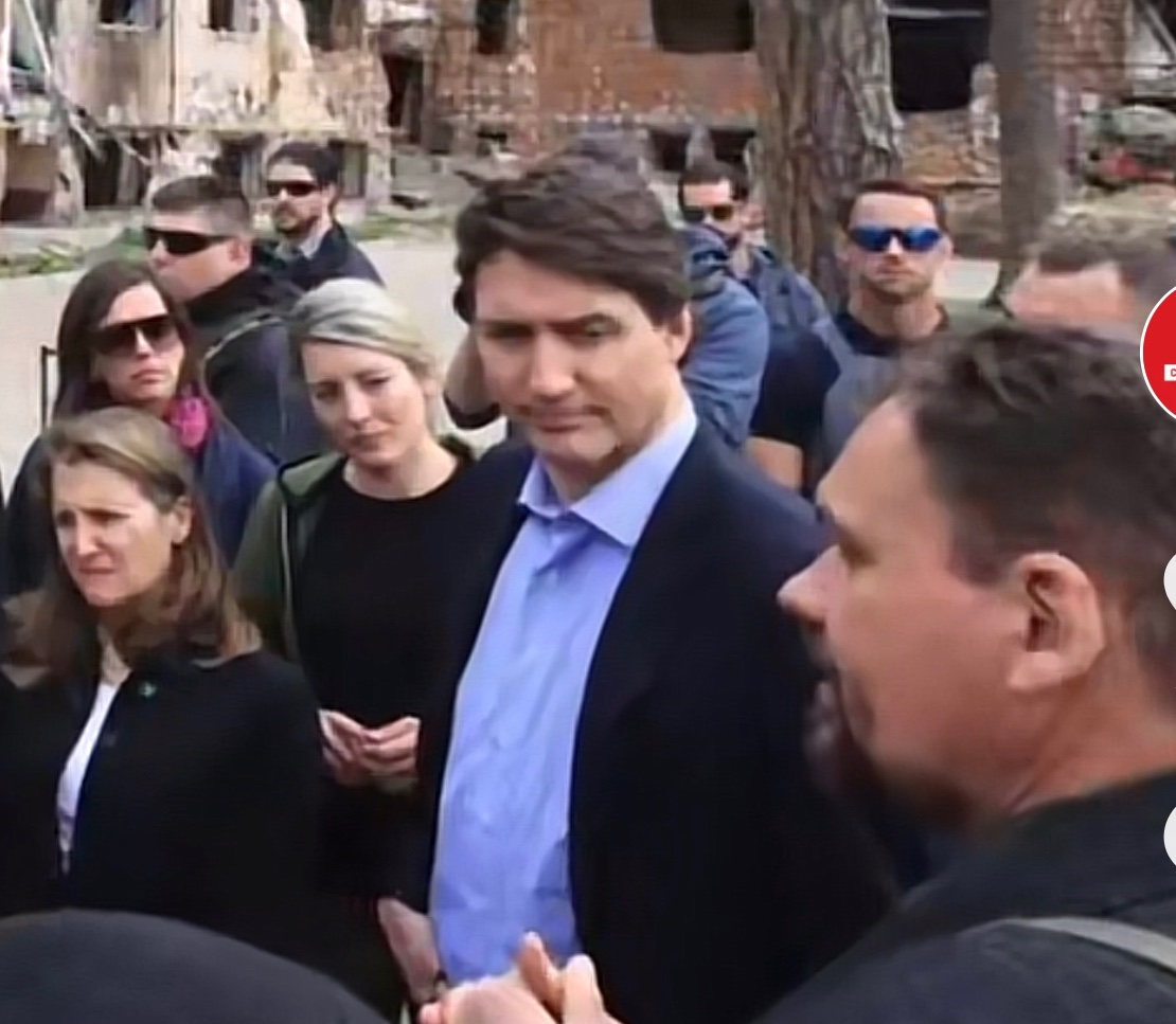 trudeau wears  a mask in Canada with a 90% vaxx rate for show, but not in Ukraine with 35% vaxx. SCIENCE!!