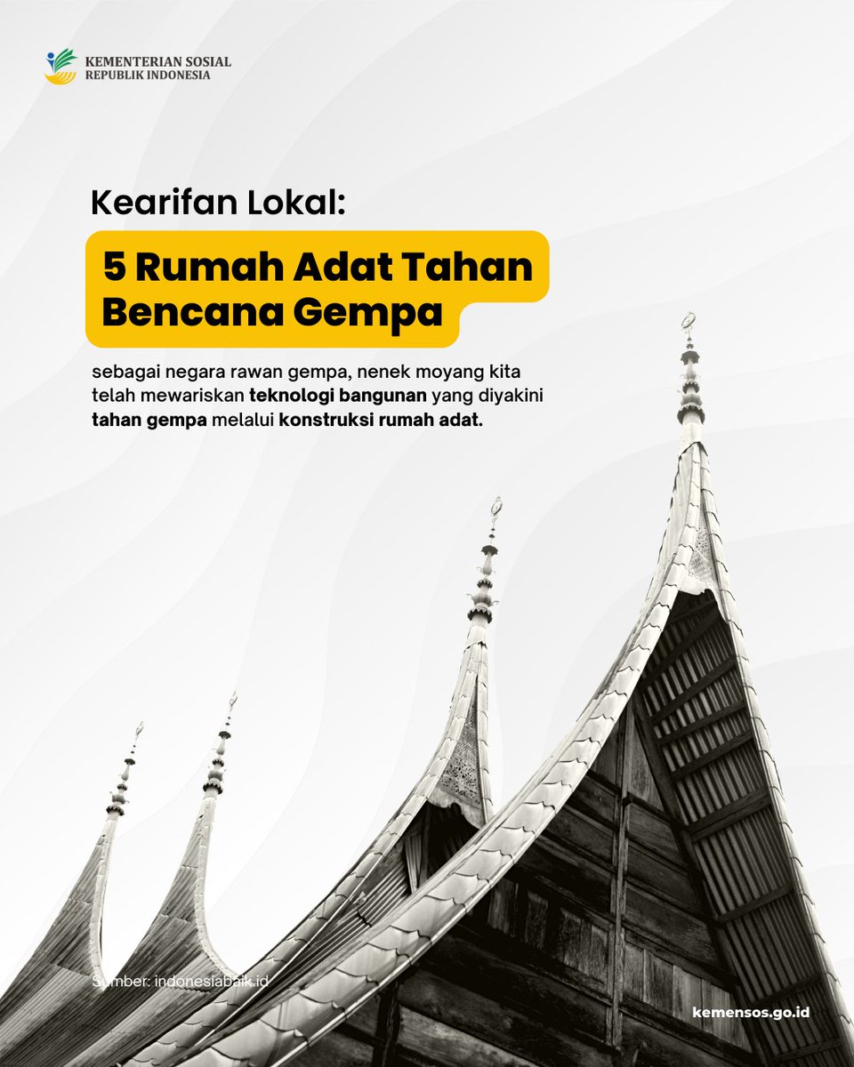 KemensosRI's tweet photo. #SobatSosial, tahukah kamu? Sejak zaman dahulu, nenek moyang kita telah mewariskan teknologi bangunan tahan gempa melalui kearifan lokal, loh, salah satunya konstruksi rumah adat.

#KearifanLokal #MitigasiBencana #RoadToGPDRR2022 #LocalWisdom #RiskToResilience #Kemensos https://t.co/z4H8vtDdYc