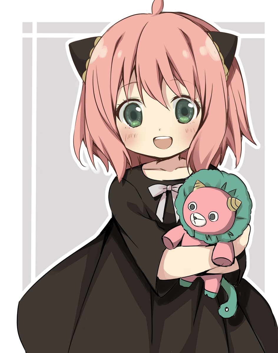 anya (spy x family) 1girl green eyes dress pink hair solo black dress stuffed toy  illustration images