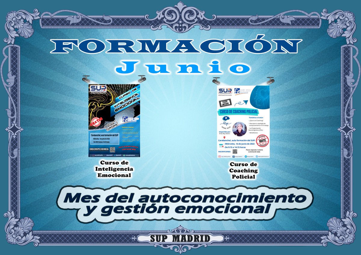 supmadrid's tweet photo. ⭕️ Junio será nuestro mes del autoconocimiento y gestión emocional con 2 cursos
🗓 1/06 inteligencia emocional
🗓 15/06 coaching policial
➕️ info en nuestra web
Con #SupMadrid tienes garantizada la mejor formación, si aún no estás afiliado, no lo dudes⤵️
https://t.co/7TD97DzqjF https://t.co/fVZkhmDbKn