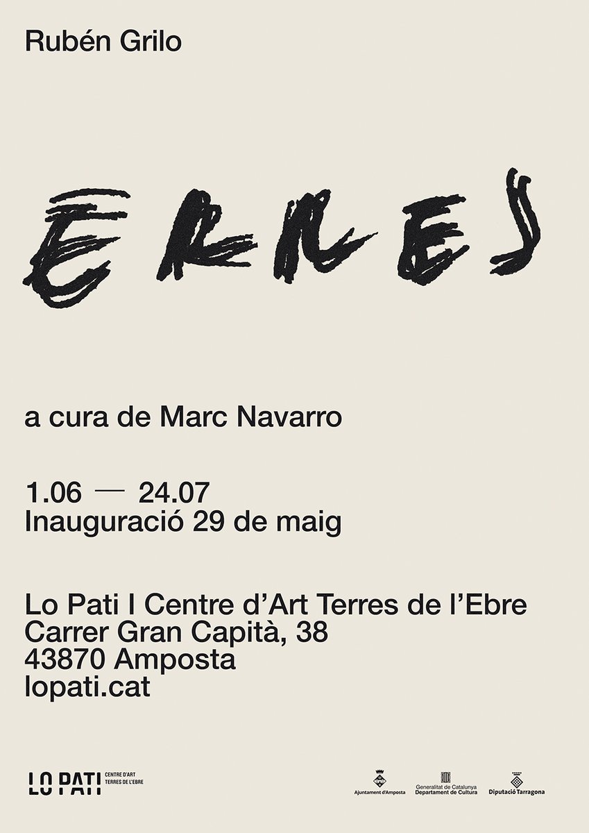 centreartlopati's tweet photo. 📡 Pròximament a Lo Pati "Erres" de Rubén Grilo, a cura de Marc Navarro.

#comingsoon #lopati #erres #rubengrilo #marcnavarro https://t.co/ohKrk9yiT0