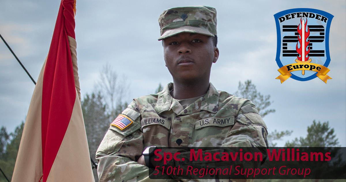 USArmyEURAF's tweet image. #KnowYourDefender, @USArmy Spc. Macavion Williams, assigned to HQ Co, 510th RSG, from Jacksonville, NC. 

He joined the Army due to his grandfather, a former Marine, and looks forward to completing his education in cyber security, exploring a path to becoming an #Army officer.