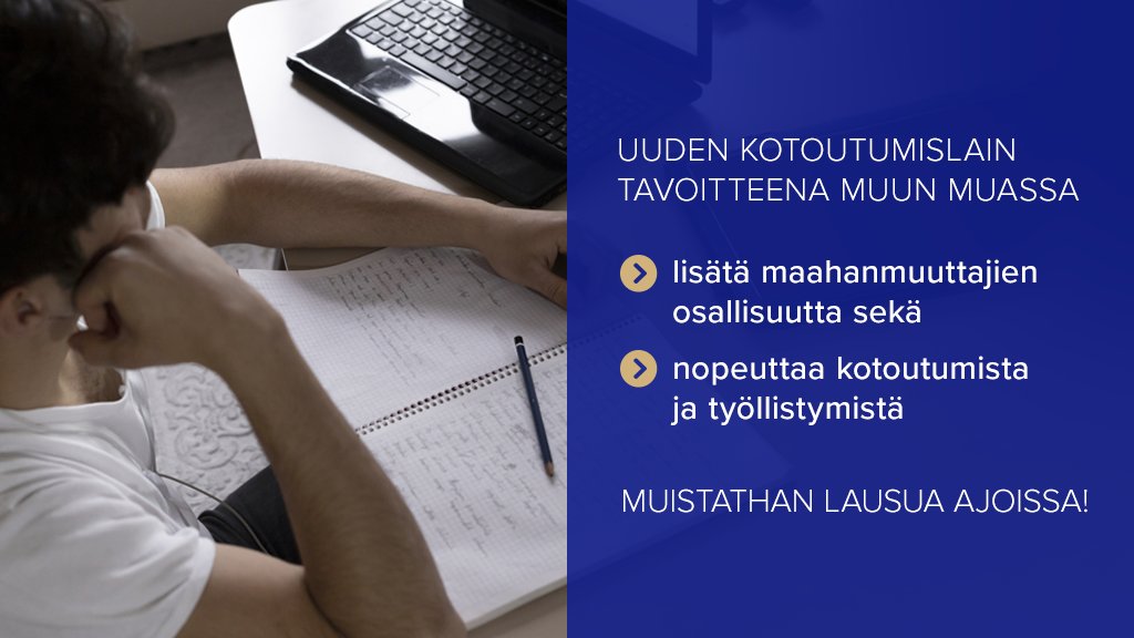 Uusi laki kotoutumisen edistämisestä nopeuttaisi maahanmuuttajien kotoutumista ja työllistymistä.

Esitys on lausuntokierroksella 2.5.–10.6.2022.
Muistathan lausua ajoissa!

#kotoutuminen @KOTOoske @kotoutukenafi 

👇Lisää:
tem.fi/-/uusi-laki-ko…

lausuntopalvelu.fi/FI/Proposal/Pa…