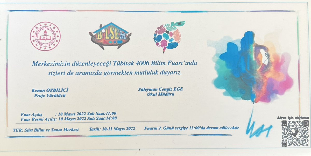 Siirt Bilim ve Sanat Merkezi Tübitak 4006 Bilim fuarı açılışı salı (yarın) başlayacaktır. Çarşamba günü projeler sergilenmeye devam edecektir. Katılımızınızı bekliyoruz <a href="/mem_siirt/">Siirt İl Millî Eğitim Müdürlüğü</a> <a href="/varmik/">Prof.Dr.Kemal Varın Numanoğlu</a> @BilsemMeb