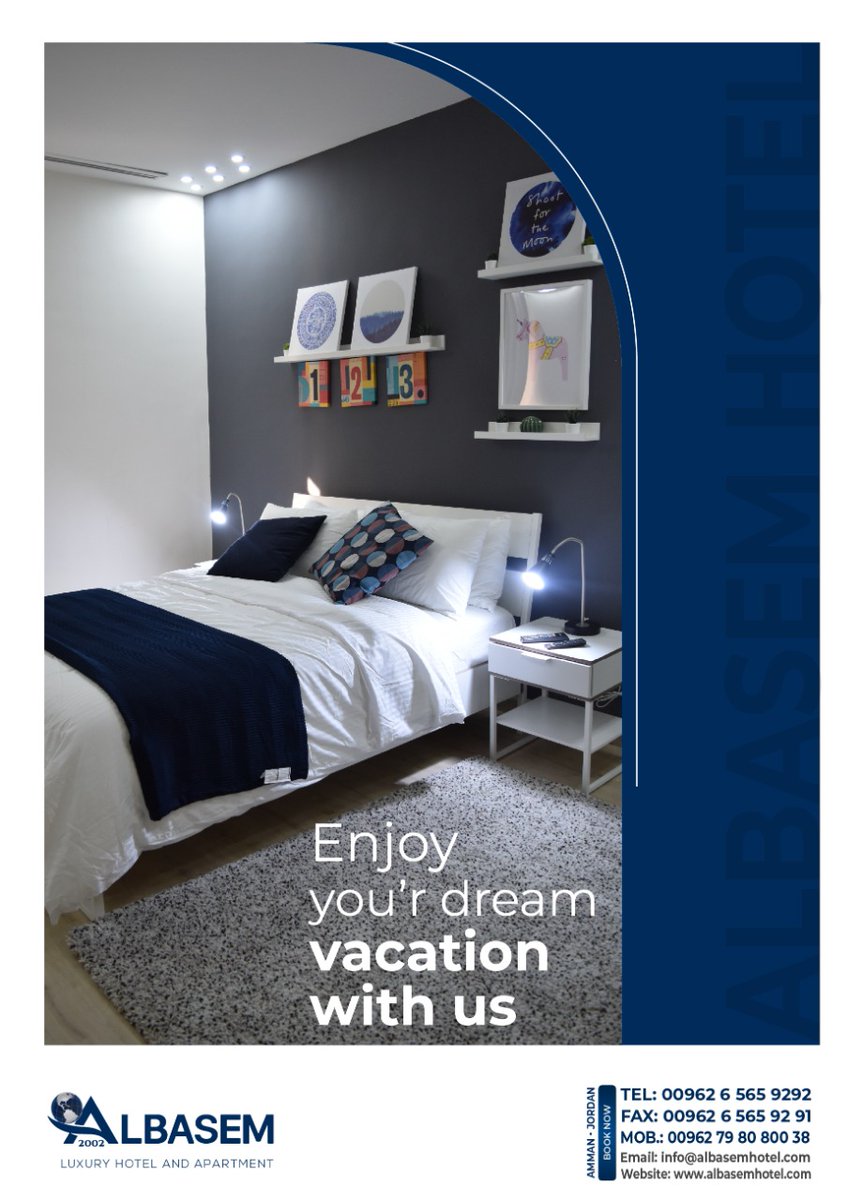 Albasemhotel's tweet photo. Enjoy your dream #vacation with us 👌
#BOOK_NOW your room
🔶 For inquiries and reservations please contact us :
+0096265659292 📞
+0096265659291 📞
+00962798080038 📞
🔶 Location : 
Al-waleed Ben abdul malik street , Across king hussein cancer center , AMMAN GOVERNATE https://t.co/VSe2irA9dP