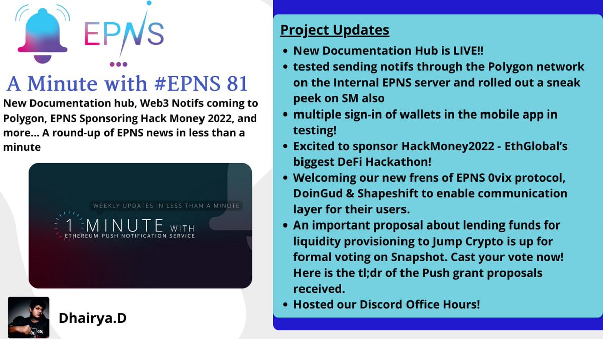 Dhairya09ll's tweet photo. 🗣️ #epnsproject PRESENTS
A Minute with #EPNS 81🔔
– New Documentation Hub Live! 📝
– Web3 Notifs coming to @0xPolygon 🔔
– New Frens @0vixProtocol, @DoinGudHQ, @ShapeShift, @openbisea 🫂
– EPNS sponsoring @ETHGlobal's #HackMoney2022 🤗
📃 https://t.co/BvKEjdQobV
$PUSH #EPNS https://t.co/fIH9Hwj3C4