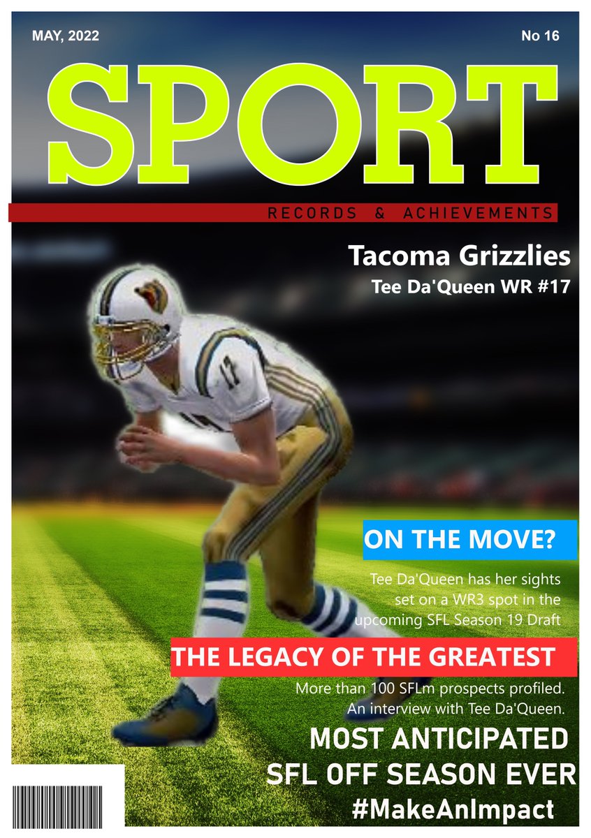 Hey <a href="/simulationfl/">Simulation Football League</a> I'm so excited I finally made the cover of Sport magazine😆 Hope to "catch" the attention of Owners! 
#TacomaPride #GrizzlyGang #MakeAnImpact
<a href="/SimulationFLm/">SFLm</a> 
<a href="/TacomaGrizzSFLm/">Tacoma Grizzlies</a>