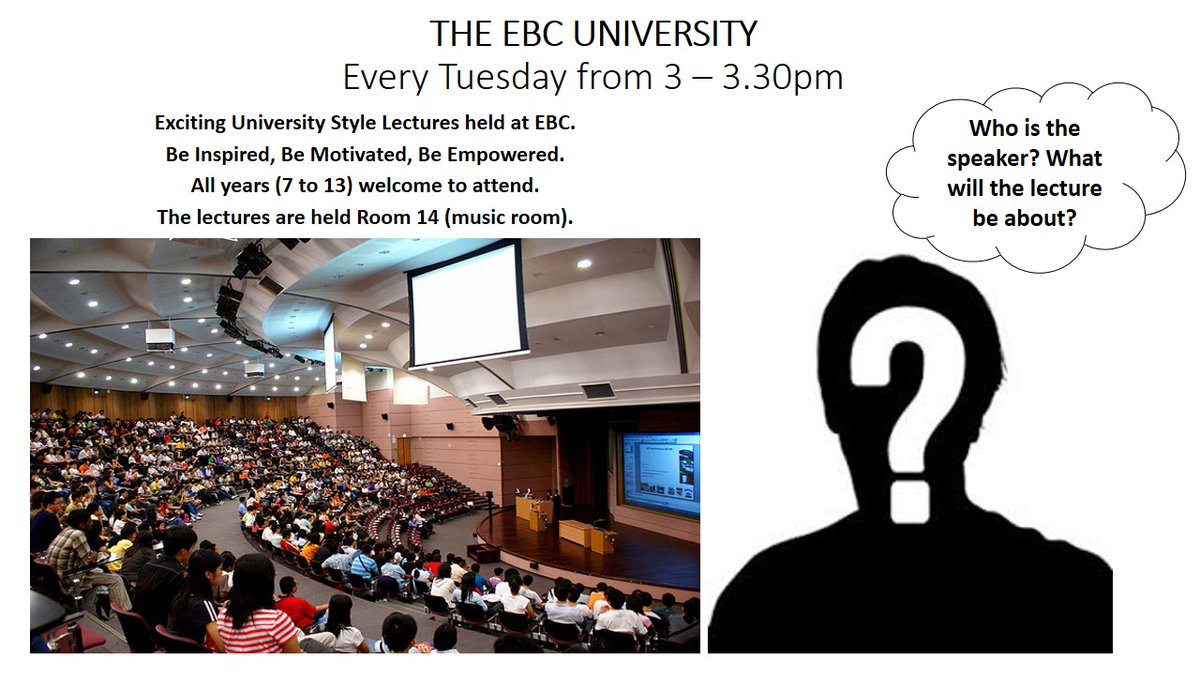 ErnestBevinAcad's tweet photo. EBC University is an exciting new club where students are exposed to a wealth of knowledge presented in the style of a university lecture. Teachers and guest speakers will deliver talks every Tuesday from 3-3:30pm, with the topic of each lecture being a surprise. https://t.co/44kgTjdhp4