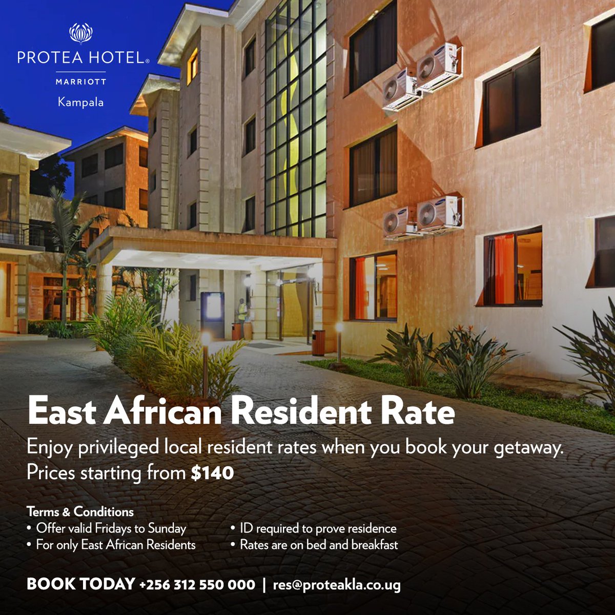 ProteaKampalaH's tweet photo. Enjoy the best local rates for residents when you book your getaway at #ProteaKampala.
Prices start at $140; for more information, contact us today: 0312550000 / res@proteakla.co.ug
#EastAfrica #RoomOffers #MarriottHotels https://t.co/oqSCiTrzJy