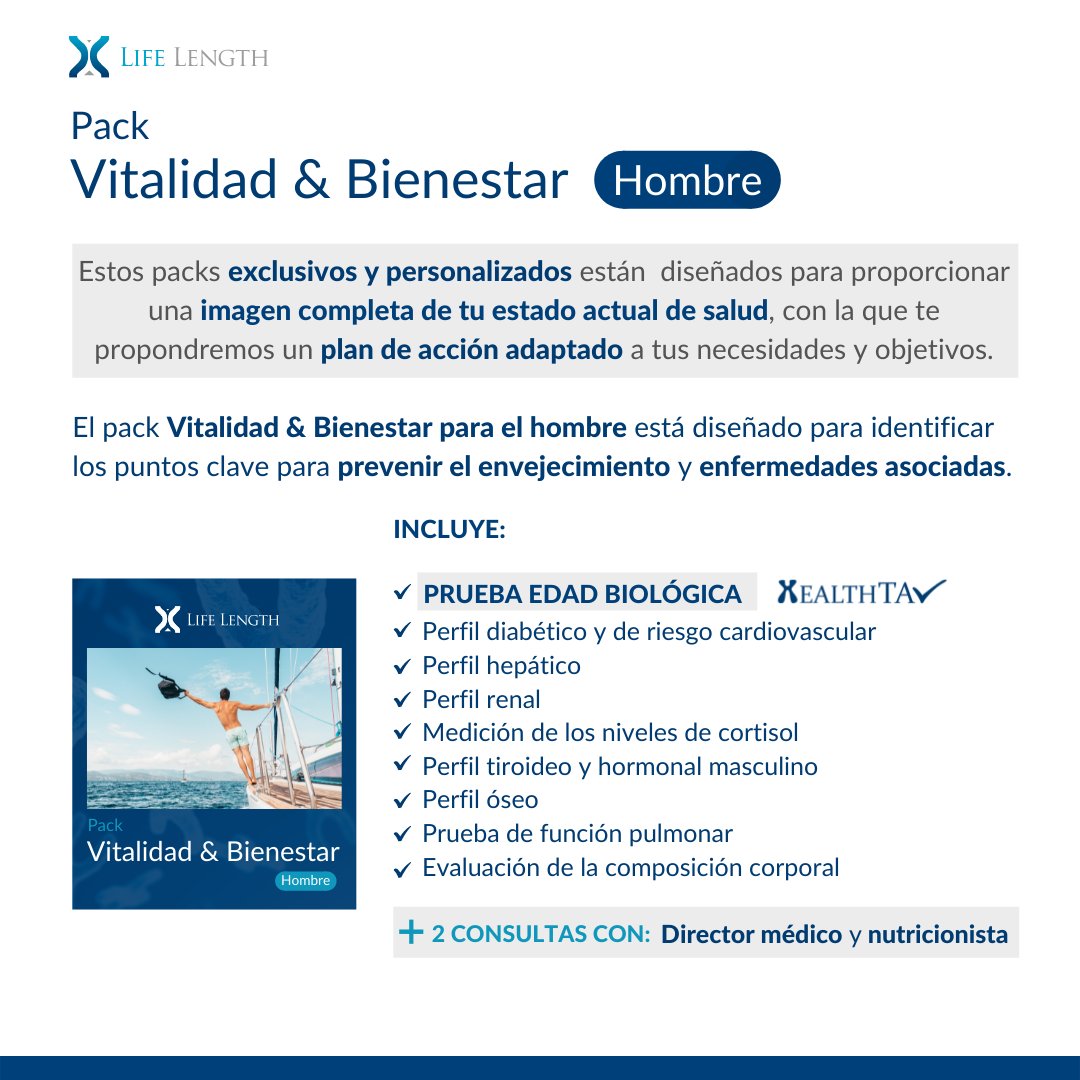LifeLength's tweet photo. El Pack de Salud Vitalidad y Bienestar Hombre que te ofrecemos aúna las pruebas más completas para detectar y prevenir enfermedades asociadas a la edad y el envejecimiento. 

Infórmate en nuestra clínica, mandando un email a clinica@lifelength.com o llamando al (+34) 91 737 12 98 https://t.co/fsUygCMYRt